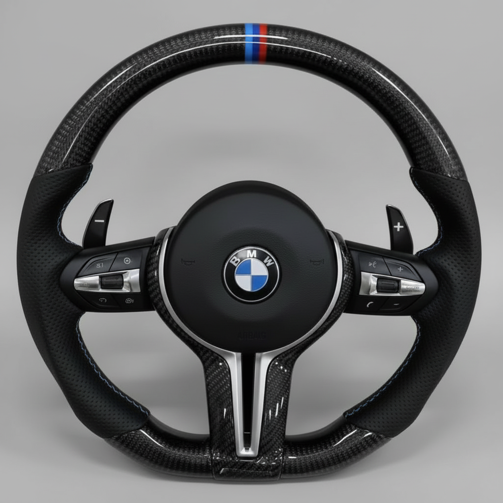 BMW F Series Steering Wheel w/ Black Carbon + Perf Leather + Tri-Colour Pinstripe