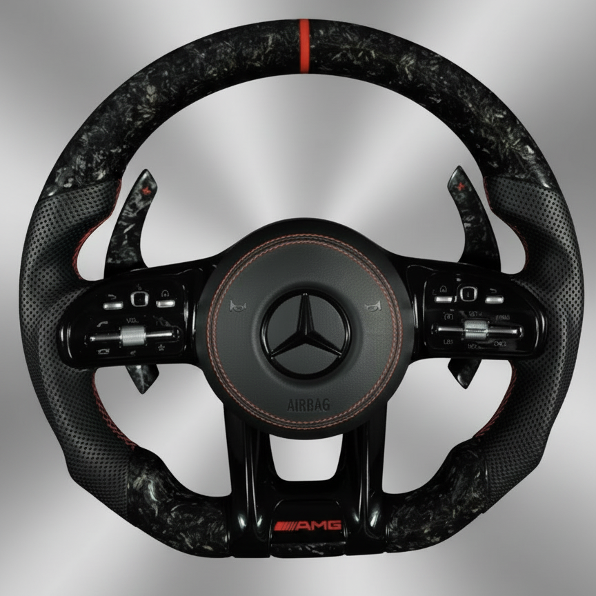 Mercedes AMG Black Forged Carbon/Leather Steering Wheel w/ Red Pinstripe