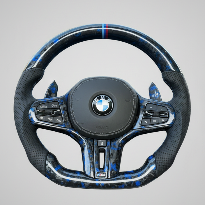 BMW G Series Steering Wheel w/ Blue Forged Carbon + Perf Leather + Tri-Colour Pinstripe