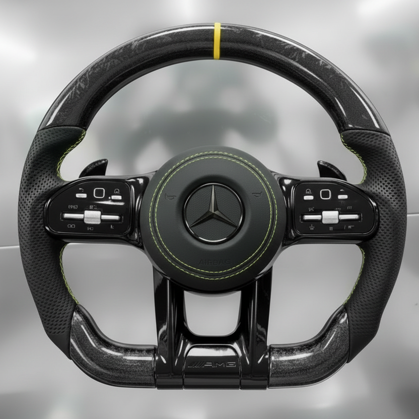 Mercedes AMG Black Forged Carbon/Leather Steering Wheel w/ Yellow Pinstripe