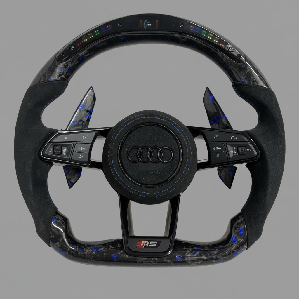 Audi S/RS Steering Wheel w/ Blue Forged Carbon + Alcantara + LED