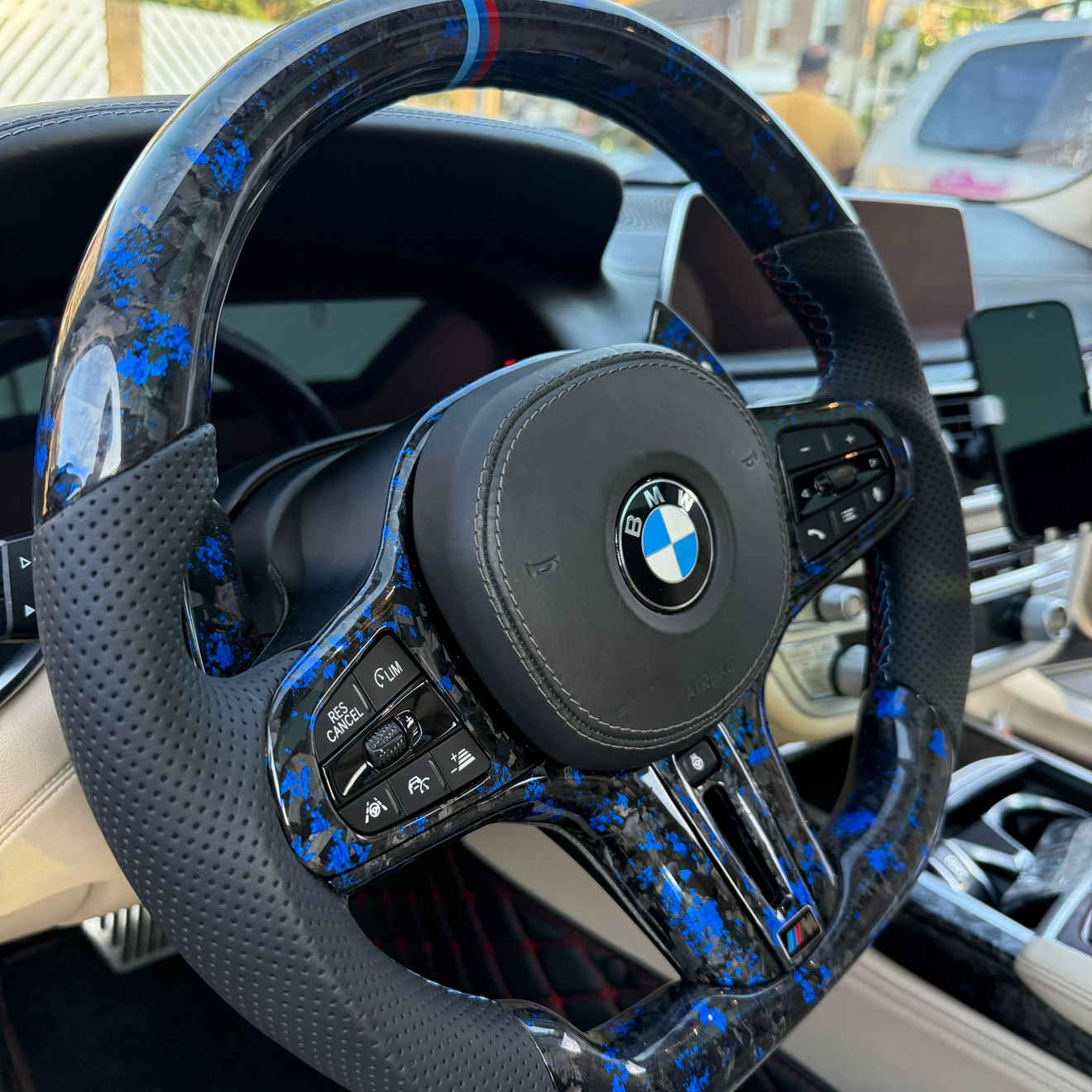 BMW G Series Steering Wheel w/ Blue Forged Carbon + Perf Leather + Tri-Colour Pinstripe