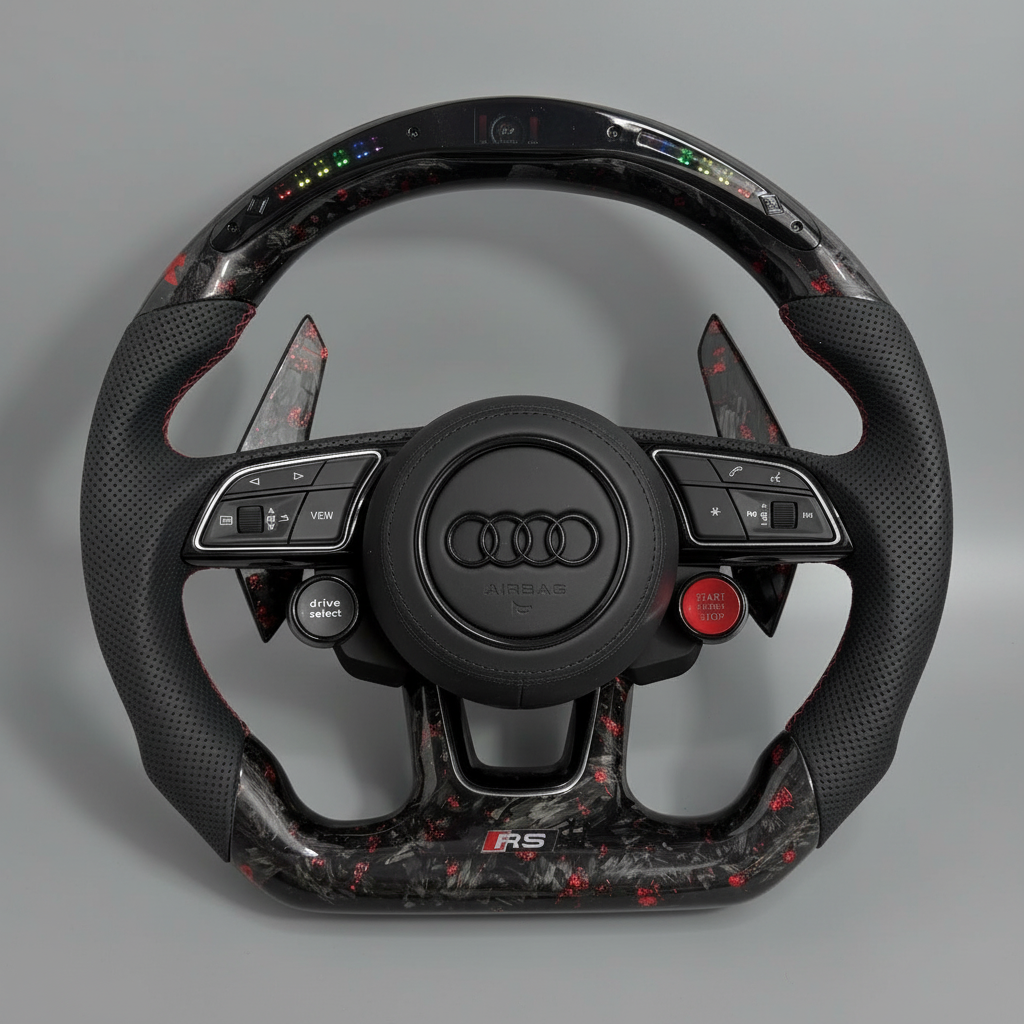 Audi S/RS Steering Wheel w/ Perforated Leather + Red Forged Carbon + LED + R8 Buttons