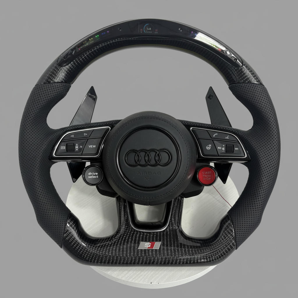 Audi S/RS Steering Wheel w/ Black Carbon + Perf Leather + LED + R8 Style Start/Stop buttons