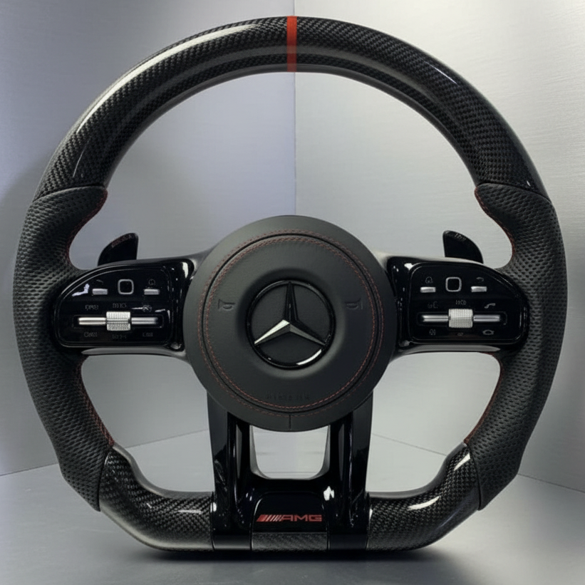 Mercedes AMG Black Carbon/Leather Steering Wheel w/ Red Pinstripe