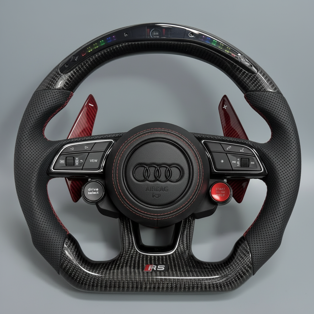 Audi S/RS Steering Wheel w/ Black Carbon + Perf Leather + LED + R8 Style Start/Stop Buttons