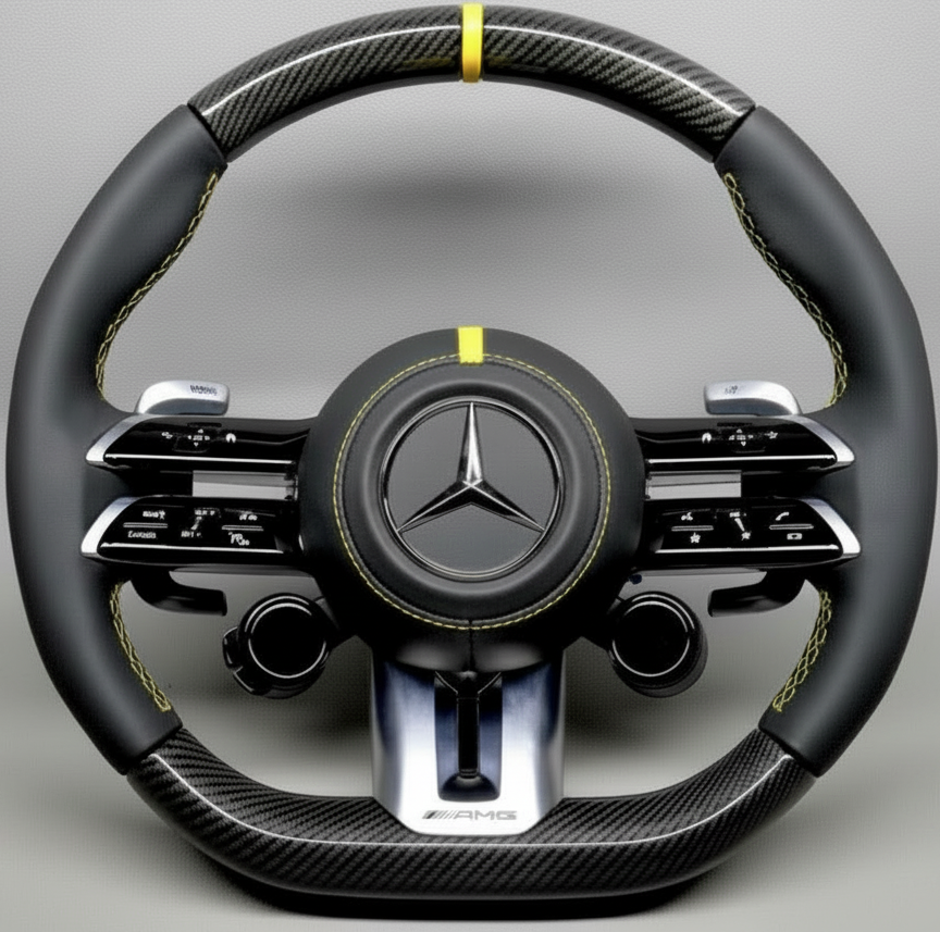 Mercedes AMG Facelift Steering Wheel w/ Carbon + Leather + Yellow Pinstripe