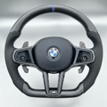 BMW G Series LCI Steering Wheel w/ Black Carbon + Perf Leather + Tri-Colour Pinstripe