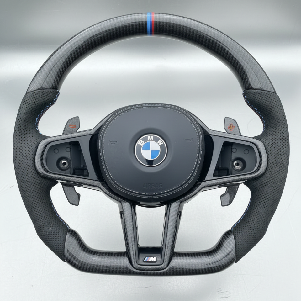BMW G Series LCI Steering Wheel w/ Black Carbon + Perf Leather + Tri-Colour Pinstripe