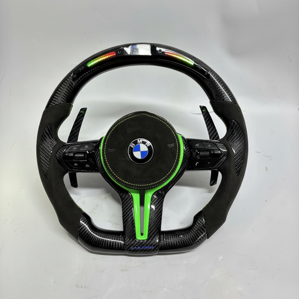 BMW F Series Steering Wheel w/ Black Carbon + Alcantara + LED + Green Accents