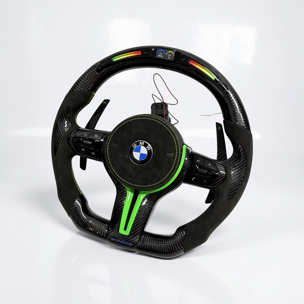 BMW F Series Steering Wheel w/ Black Carbon + Alcantara + LED + Green Accents