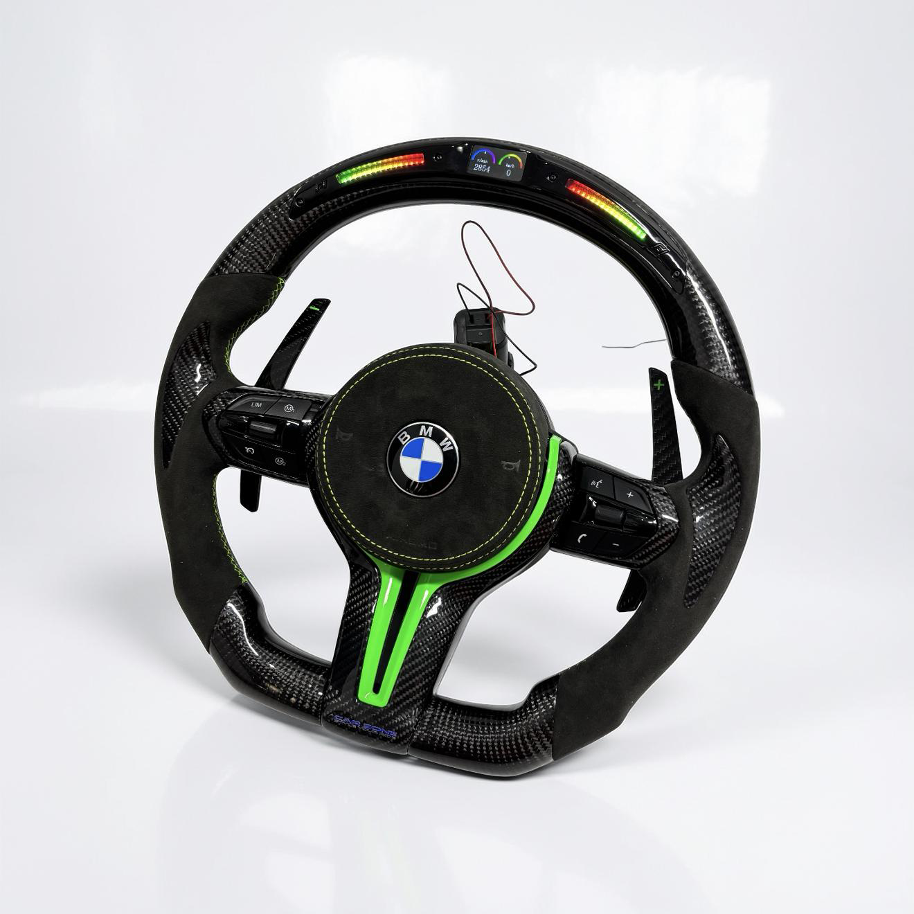BMW F Series Steering Wheel w/ Black Carbon + Alcantara + LED + Green Accents