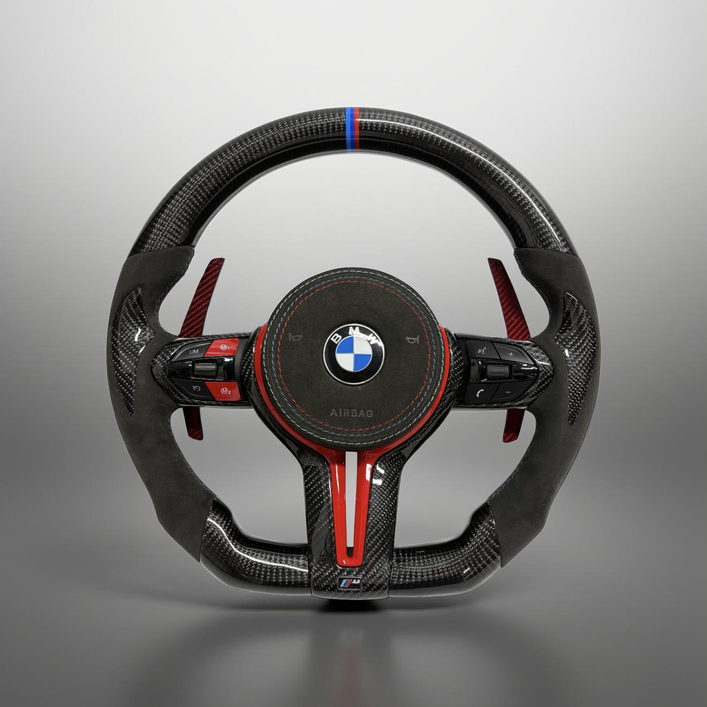 BMW F Series Steering Wheel w/ Black Carbon + Alcantara + Red Accents