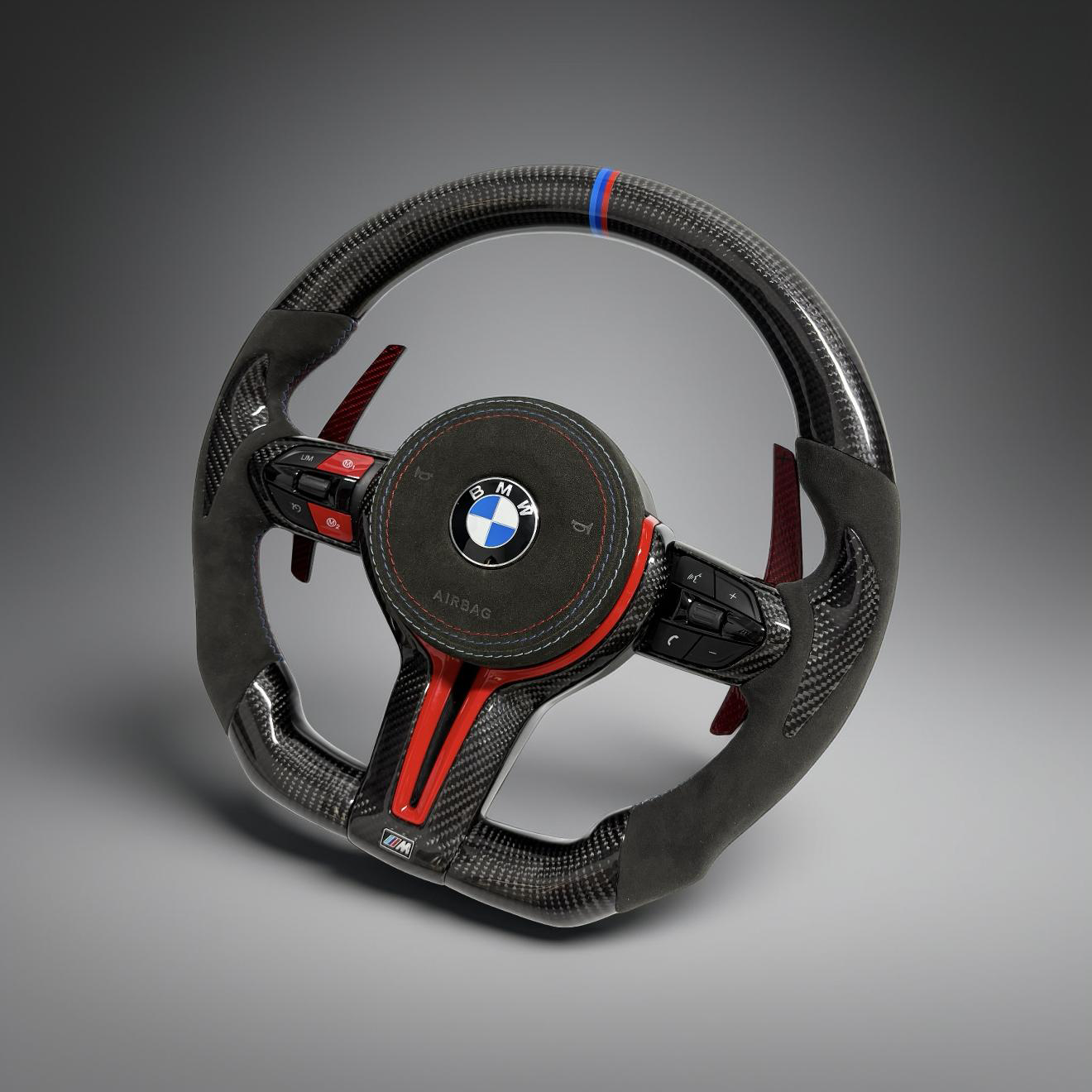 BMW F Series Steering Wheel w/ Black Carbon + Alcantara + Red Accents